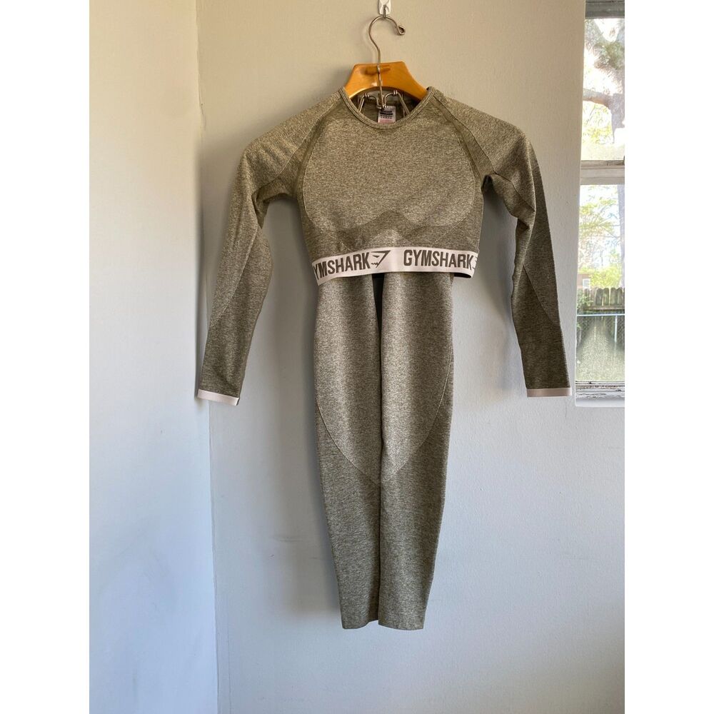 Gymshark Flex Contour Set Crop Top Long Sleeve Leggings Full Length Olive Green